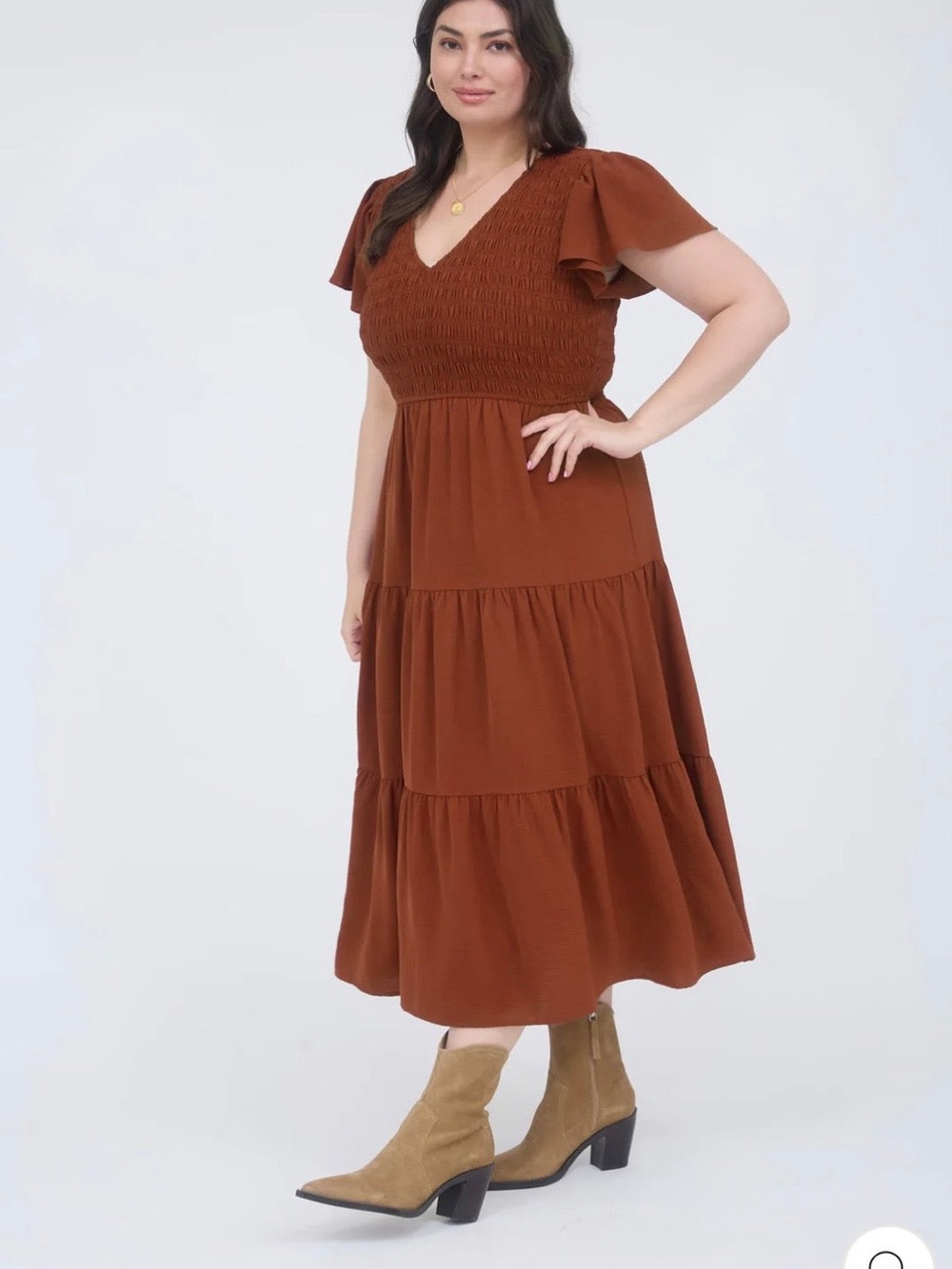 Blu Pepper Smocked V-Neck Tiered Midi Dress in Rust